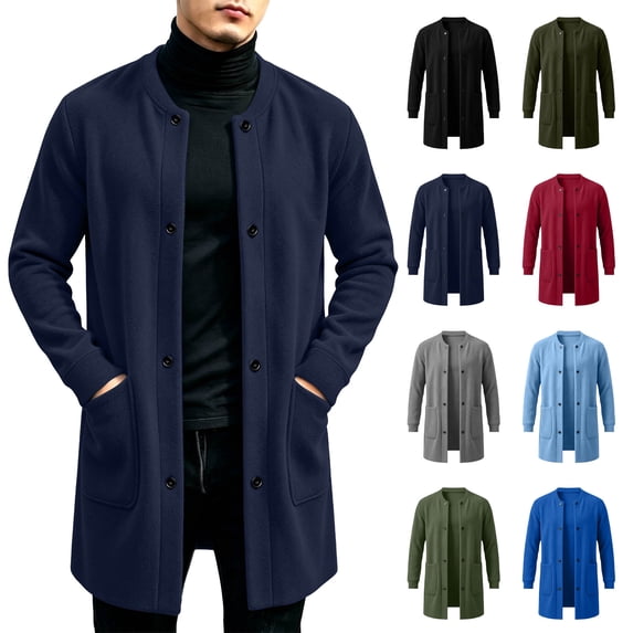 Jovrlynd Mens Overcoat Long Sleeve Button Fleece Lined Pockets Solid Winter Fashion Long Jacket, S-3XL