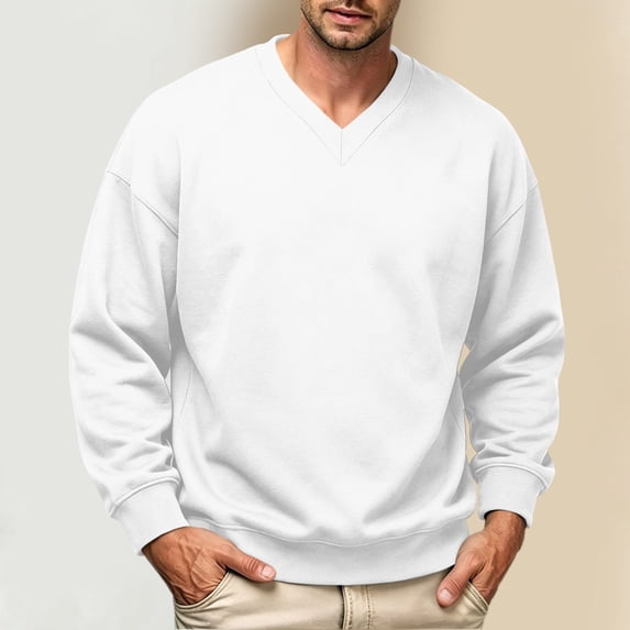 Jovrlynd Mens Sweatshirt V Neck Long Sleeve Loose Fit Casual Shirts Soft Comfy Pullover Sweat Tops White S