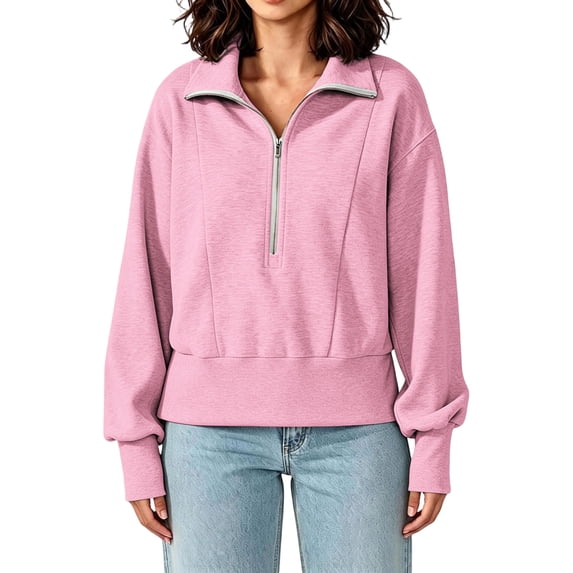 Jovrlynd Mock Neck Sweatshirt Women Cropped Quarter Zip Oversized Long Sleeve Sweatshirts Solid Fleece Pullover Tops, S-3XL