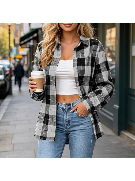 Plaid Flannel Shirts for Women Long Sleeve Button Down Fashion Shirt Shacket Casual Lightweight Fall Jackets, S-2XL