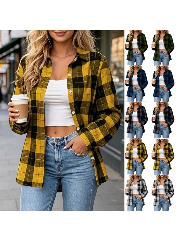 Plaid Flannel Shirts for Women Long Sleeve Button Down Fashion Shirt Shacket Casual Lightweight Fall Jackets, S-2XL