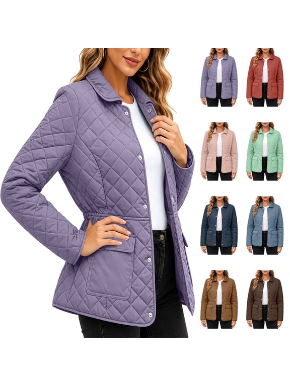 Quilted Jackets for Women Collared Button Winter Warm Padded Coats Casual Plus Size Trendy Puffer Jacket, S-3XL