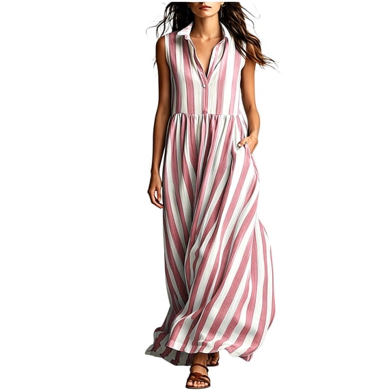 Jovrlynd Summer Maxi Dresses for Women Striped Lapel Neck Dressy Long Shirt Dress Flowy Sleeveless Casual Tank Dress