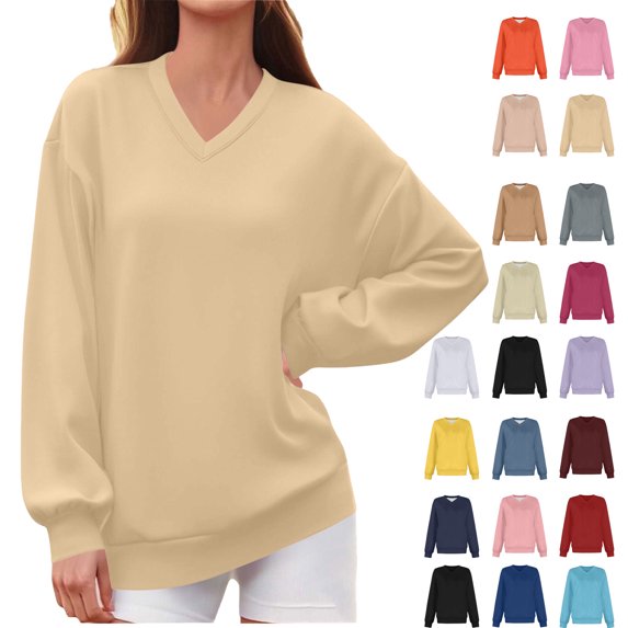 Jovrlynd Sweatshirts for Women 2026 V Neck Solid Oversized Long Sleeve Sweatshirt Winter Soft Fleece Pullover Top, S-2XL