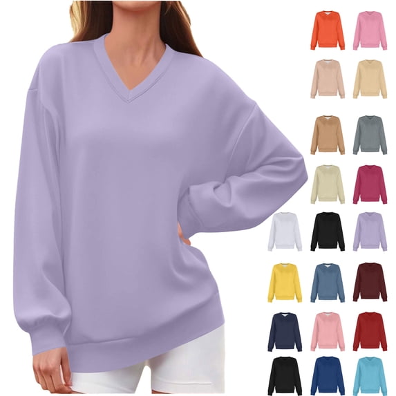 Jovrlynd Sweatshirts for Women 2026 V Neck Solid Oversized Long Sleeve Sweatshirt Winter Soft Fleece Pullover Top, S-2XL