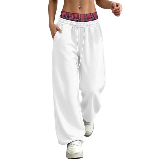 Jovrlynd Wide Leg Sweatpants Women Drawstring Pockets High Waist Plaid Loose Joggers Casual Fleece Lounge Pants White 3XL