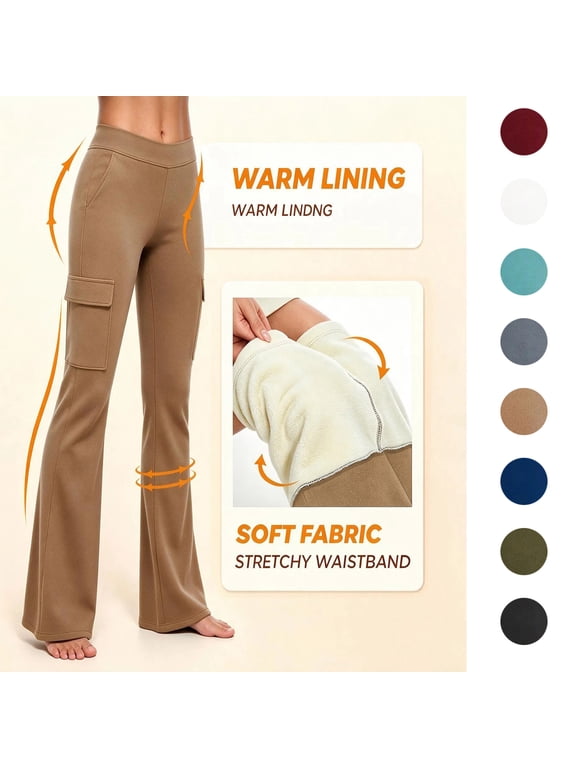 Women Fleece Lined Cargo Flare Pants High Waisted Thermal Warm Winter Bootcut Pants with Pockets, S‑2XL