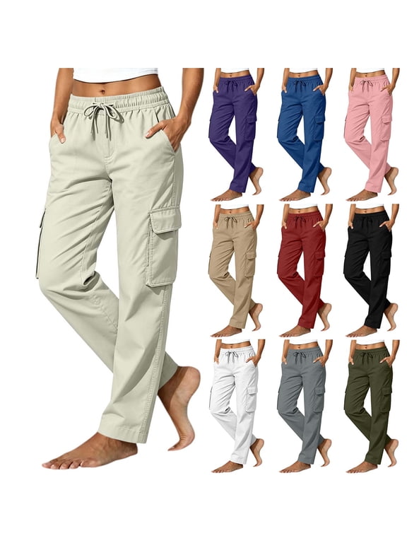 Women's Cargo Pants Drawstring High Waisted Straight Leg Fall Pants, S-2XL