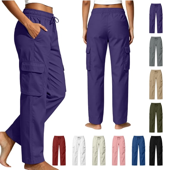 Jovrlynd Women's Cargo Pants Drawstring High Waisted Straight Leg Fall Pants, S-2XL