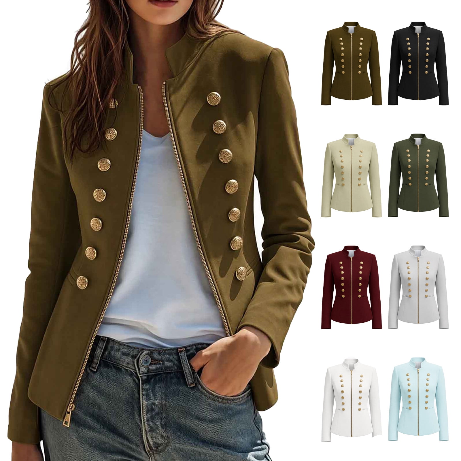Jovrlynd Women's Military Jacket Zip Up Pockets Stand Collar Formal ...