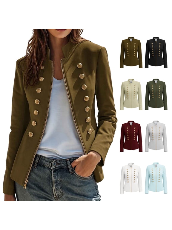 Women's Military Jacket Zip Up Pockets Stand Collar Formal Work Coats Slim Fit Long Sleeve Cropped Blazers, S-3XL