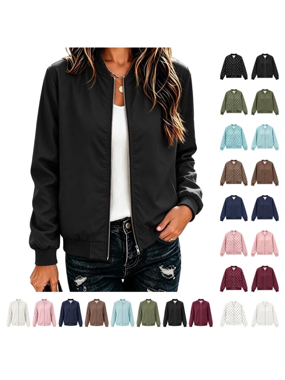 Womens Black Bomber Jacket Long Sleeve Lightweight Fall Coats Casual Versatile Winter Outerwear Barn jackets 2XL