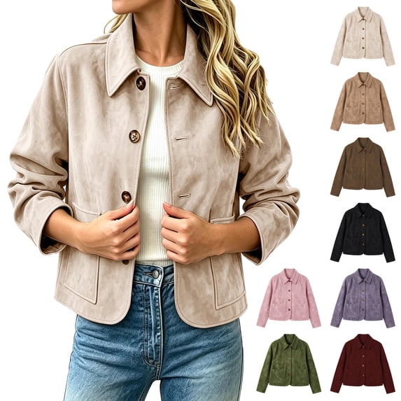 Jovrlynd Womens Bomber Jacket Faux Suede Cropped Long Sleeve Button Collared Vintage Fall Coats with Pockets, S-2XL