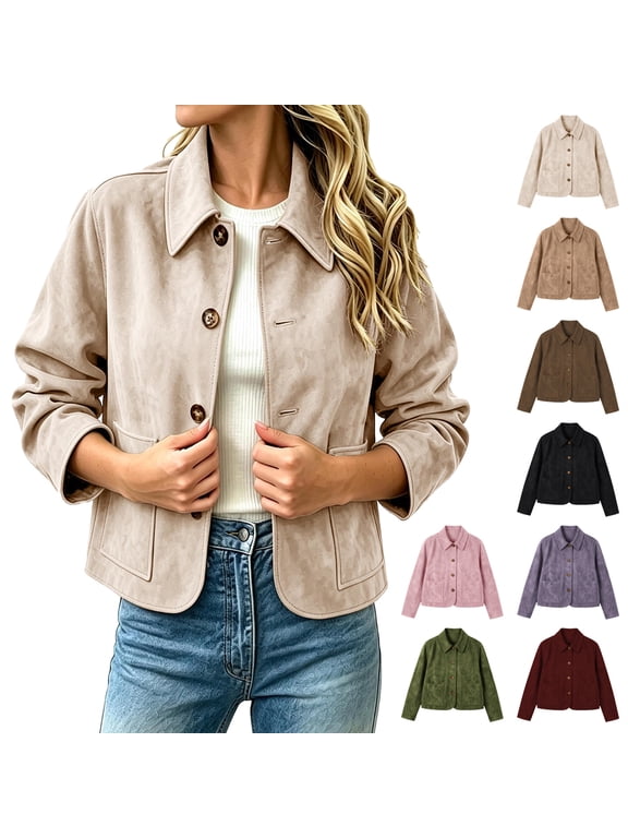 Womens Bomber Jacket Faux Suede Cropped Long Sleeve Button Collared Vintage Fall Coats with Pockets, S-2XL