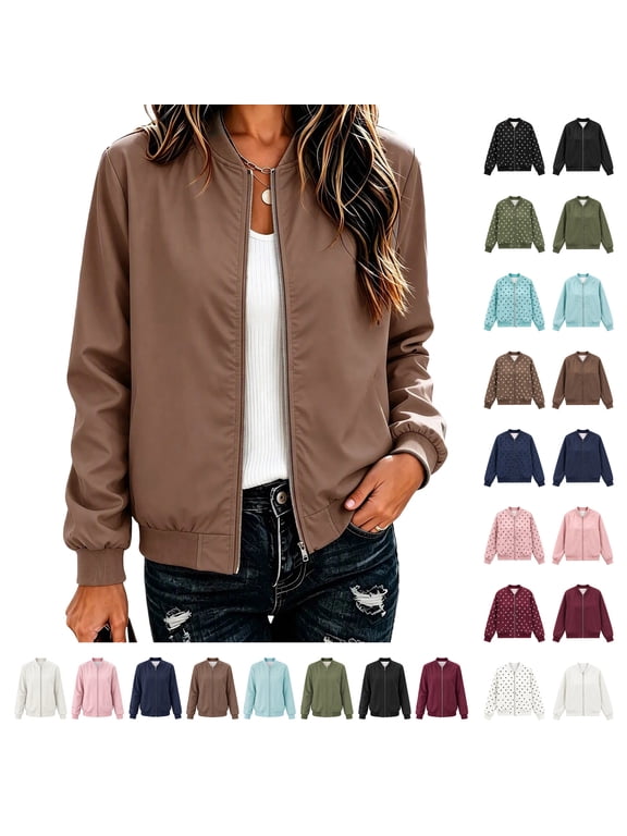 Womens Bomber Jacket Long Sleeve Lightweight Fall Coats Casual Versatile Winter Outerwear Barn jackets Brown S
