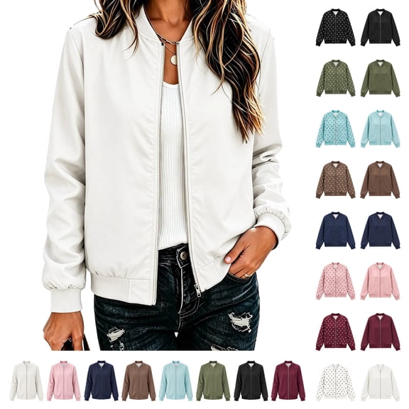 Jovrlynd Womens Bomber Jacket Long Sleeve Lightweight Fall Coats Casual Versatile Winter Outerwear Barn jackets White M
