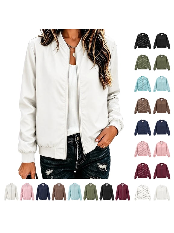 Womens Bomber Jacket Long Sleeve Lightweight Fall Coats Casual Versatile Winter Outerwear Barn jackets White M