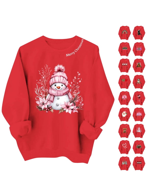 Womens Christmas Sweatshirts Cute Snowman Long Sleeve Holiday Party Pullover, S-2XL