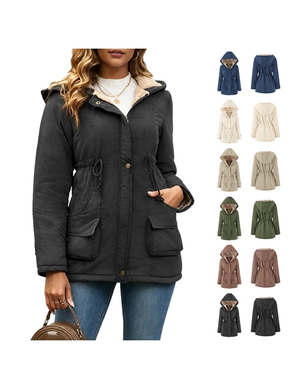 Womens Coats Winter Fleece Lined Zip Up Hooded Sherpa Puffer Jacket Fashion Pockets Warm Parkas with Pockets Black S