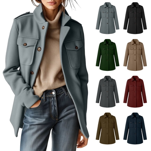 Jovrlynd Womens Coats Wool Stand Collar Button Winter Mid Length Warm Jackets with Pockets, S-3XL