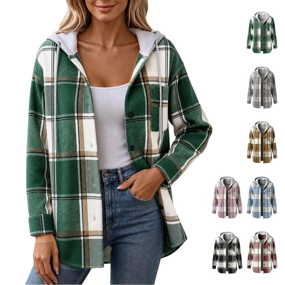 Jovrlynd Womens Flannel Plaid Hooded Shacket Jacket Button Down Long Sleeve Fall Trendy Coats with Pockets, S-2XL