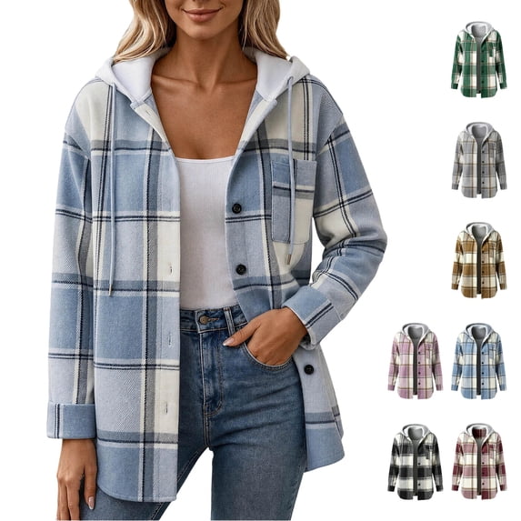 Jovrlynd Womens Flannel Plaid Hooded Shacket Jacket Button Down Long Sleeve Fall Trendy Coats with Pockets, S-2XL