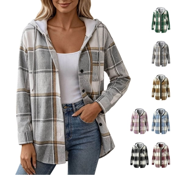 Jovrlynd Womens Flannel Plaid Hooded Shacket Jacket Button Down Long Sleeve Fall Trendy Coats with Pockets, S-2XL