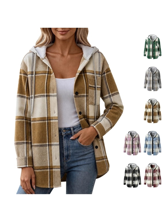 Womens Flannel Plaid Hooded Shacket Jacket Button Down Long Sleeve Fall Trendy Coats with Pockets, S-2XL
