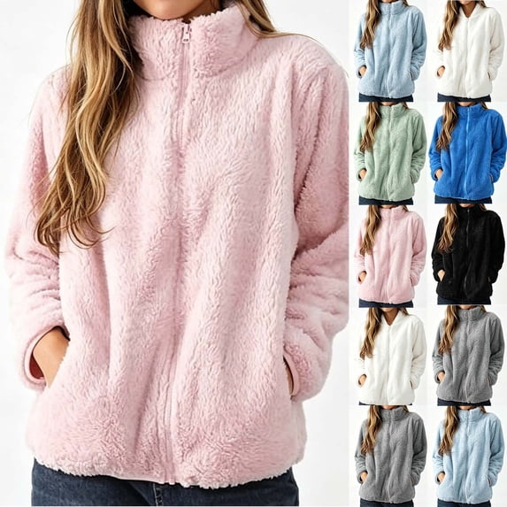 Jovrlynd Womens Fuzzy Fleece Jacket Stand Collar Oversized Zip Up Long Sleeve Winter Warm Coats with Pockets Soft and Comfy, M-5XL