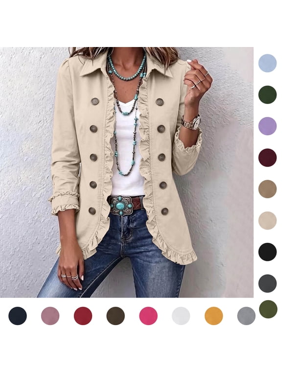 Womens Jacket 3/4 Sleeve Open Front Lapel Collar Casual Blazer Coat Vintage Western Jackets, S‑3XL