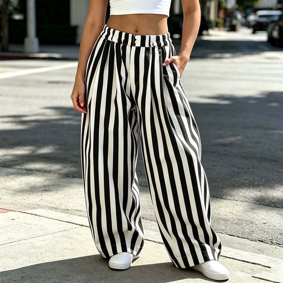Jovrlynd Womens Jeans Striped Elastic High Waist Vintage Wide Leg Trendy Denim Pants with Pockets, S-XL