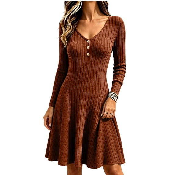 Jovrlynd Womens Long Sleeve Fall Dresses 2026 Button V Neck Ribbed Knit Slim Fitted Pleated Mini Sweater Dress, S-2XL