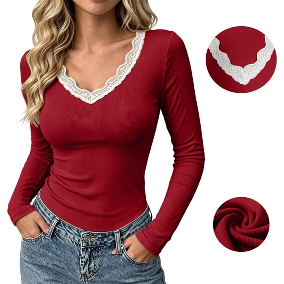 Jovrlynd Womens Long Sleeve Shirts Ribbed Slim Fitted Lace V Neck Fashion Fall Basic Tops Casual Comfy Tee 2026, S-2XL