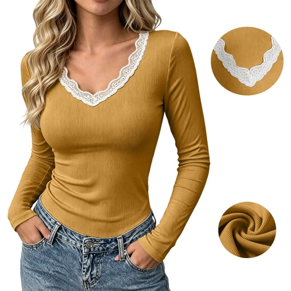 Jovrlynd Womens Long Sleeve Shirts Ribbed Slim Fitted Lace V Neck Fashion Fall Basic Tops Casual Comfy Tee 2026, S-2XL