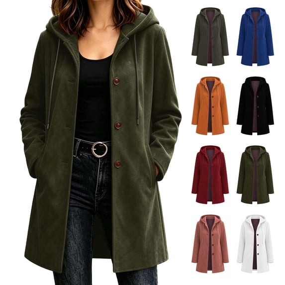 Jovrlynd Womens Pea Coats Suede Long Sleeve Single Breasted Hooded Winter Long Overcoat Casual Pockets Jackets, S-2XL