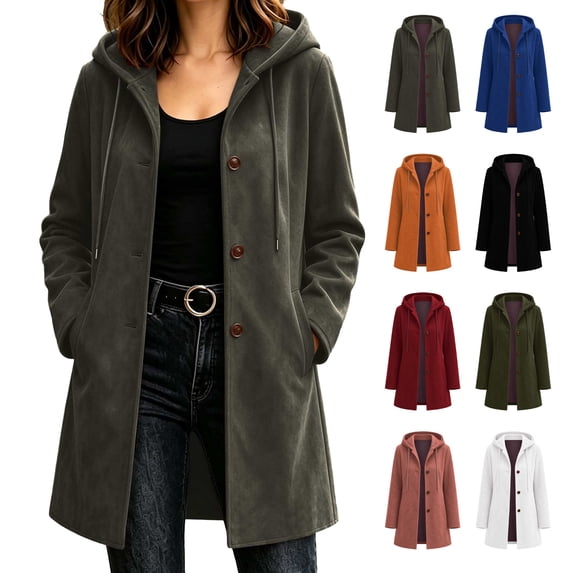 Jovrlynd Womens Pea Coats Suede Long Sleeve Single Breasted Hooded Winter Long Overcoat Casual Pockets Jackets, S-2XL