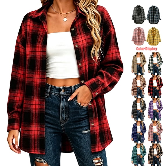 Jovrlynd Womens Plaid Flannel Shirts Button Down Long Sleeve Lapel Neck Oversized Shirt Shacket Trendy Fall Tops, S-2XL