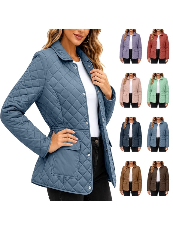 Womens Quilted Jacket Button Long Sleeve Puffer Jackets Fall Lightweight Down Coats with Pockets, S-3XL