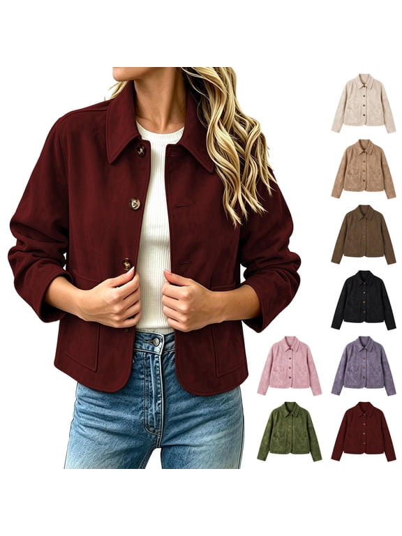 Womens Suede Jacket Western Collared Button Down Lightweight Fall Coats, S-2XL