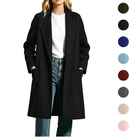 Jovrlynd Womens Trench Coat Lapel Collar Open Front Long Winter Wool Coats with Pockets Black M