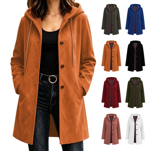 Jovrlynd Womens Trench Coat Long Sleeve Button Suede Winter Hooded Overcoats Trendy Long Jacket with Pockets, S-2XL