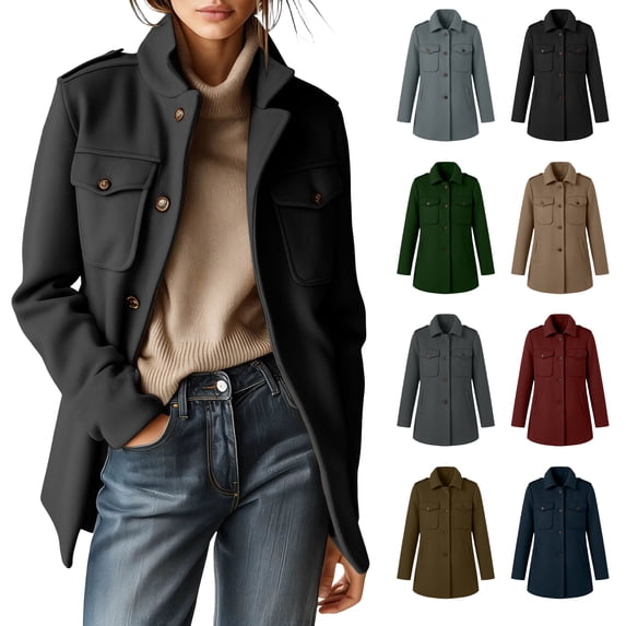 Jovrlynd Womens Trench Coat Winter Stand Collar Button Down Long Wool Overcoats with Pockets Black 2XL