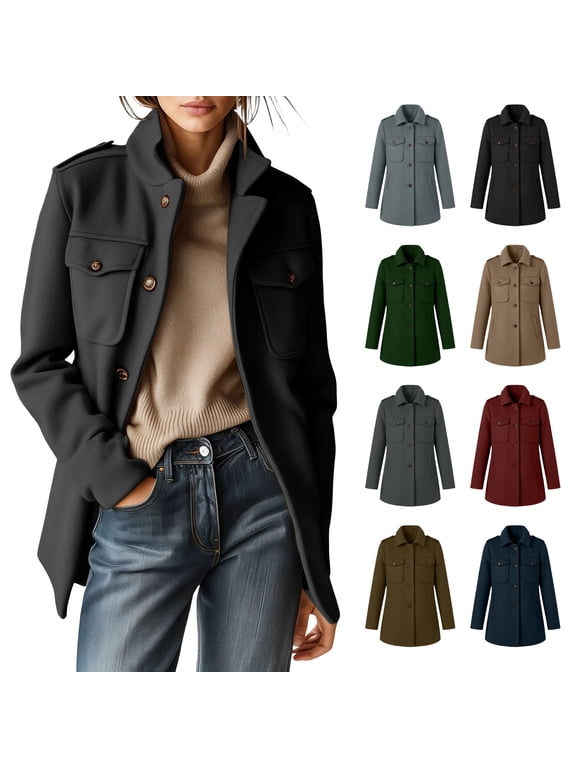 Womens Trench Coat Winter Stand Collar Button Down Long Wool Overcoats with Pockets Black S