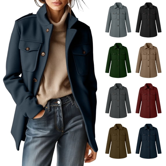 Jovrlynd Womens Trench Coat Winter Stand Collar Button Down Long Wool Overcoats with Pockets, S-3XL