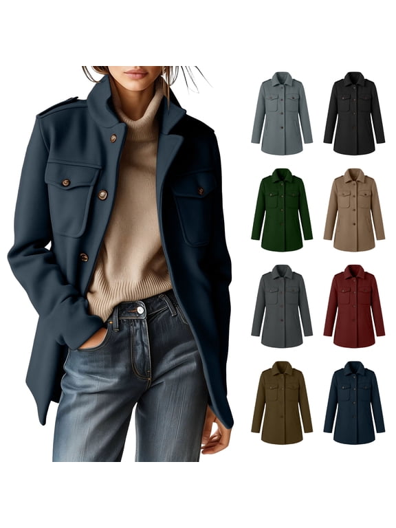 Womens Trench Coat Winter Stand Collar Button Down Long Wool Overcoats with Pockets, S-3XL