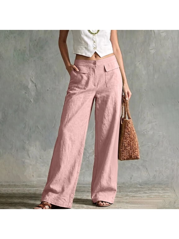 Womens Wide Leg Pants 2026 Mid Rise Elastic Waist Zipper Button Fall Flowy Boho Pants with Pockets, S-3XL