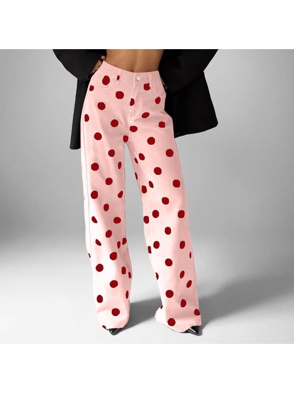 Womens Wide Leg Polka Dot Jeans Straight High Waisted Fashion Boho Denim Pants with Pockets, S-XL