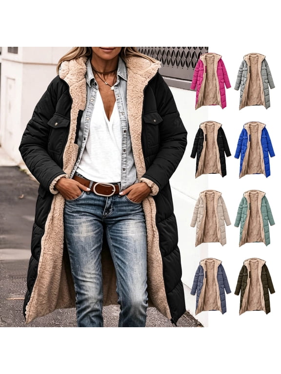Womens Winter Coats Fleece Lined Hooded Long Puffer Jacket Plus Size Thermal Fuzzy Outerwear with Pockets Black 2XL