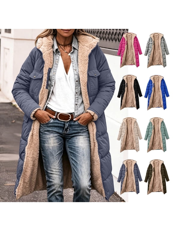 Womens Winter Coats Fleece Lined Long Sleeve Hooded Long Puffer Jacket Plus Size Thermal Fuzzy Outerwear with Pockets, S-5XL