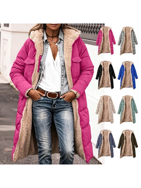 Womens Winter Coats Fleece Lined Long Sleeve Hooded Long Puffer Jacket Plus Size Thermal Fuzzy Outerwear with Pockets, S-5XL